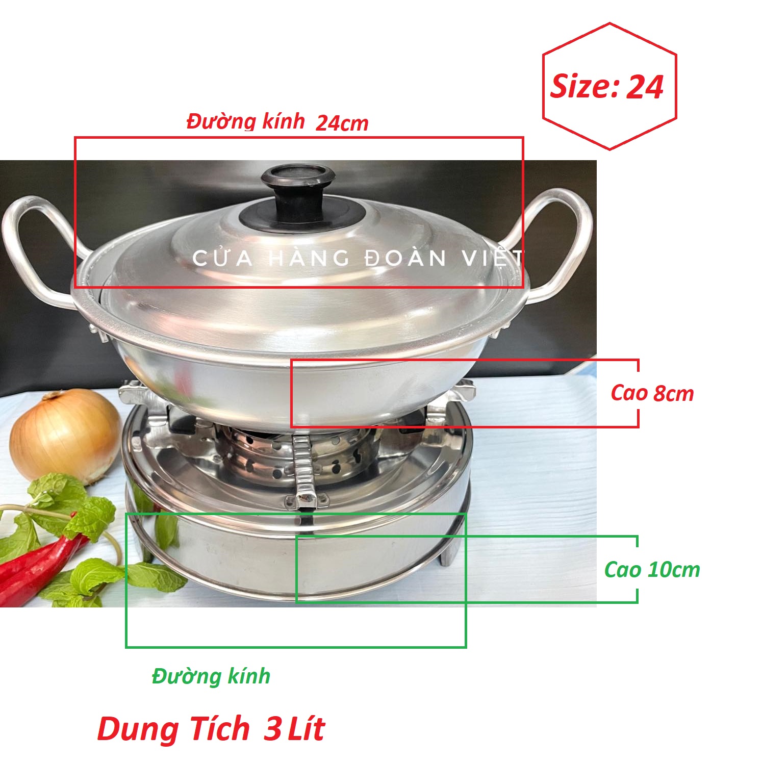 COMBO Bộ NỒI LẨU + BẾP CỒN Size24 - Bộ Nồi Lẩu NHÔM Bếp INOX. Dụng cụ bộ NỒI LẨU BẾP CỒN dùng chuyên nghiệp cho QUÁN ĂN NHÀ HÀNG