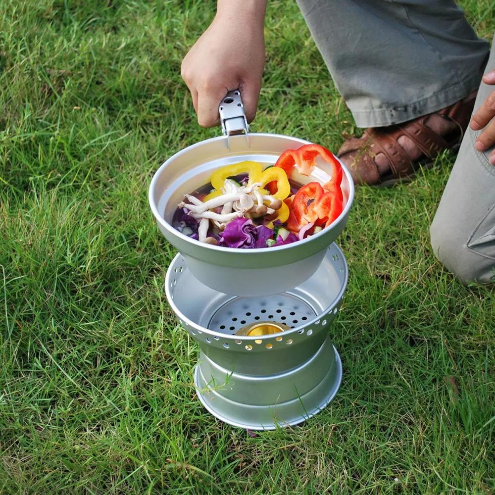 Aluminum Alloy Camping Alcohol Stoves Kit Portable Picnic BBQ Furnace Windproof Alcohol Stoves Outdoor Cooking Furnace Bowl Pot Accessory Set