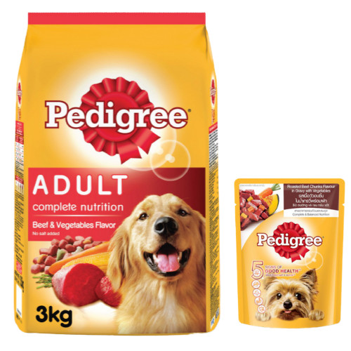 Combo thức ăn cho chó Pedigree 3kg vị thịt bò và rau củ + sốt chó con Pedigree 80g vị bò nướng và rau