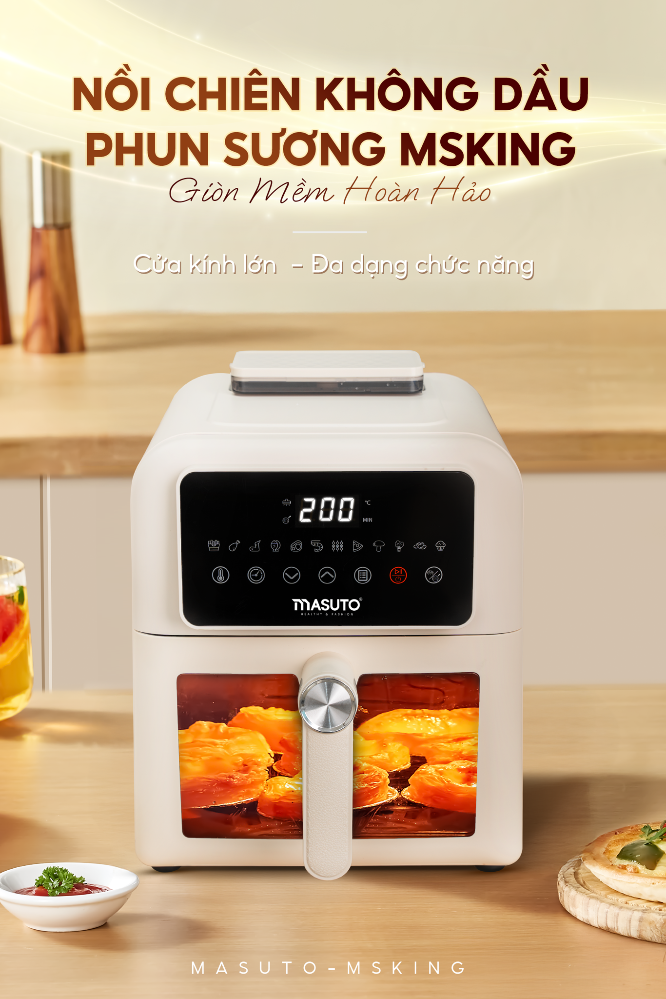 Nồi chiên không dầu phun sương Masuto MSKing 6L - 2 tầng đốt không cần trở lật - Hàng chính hãng