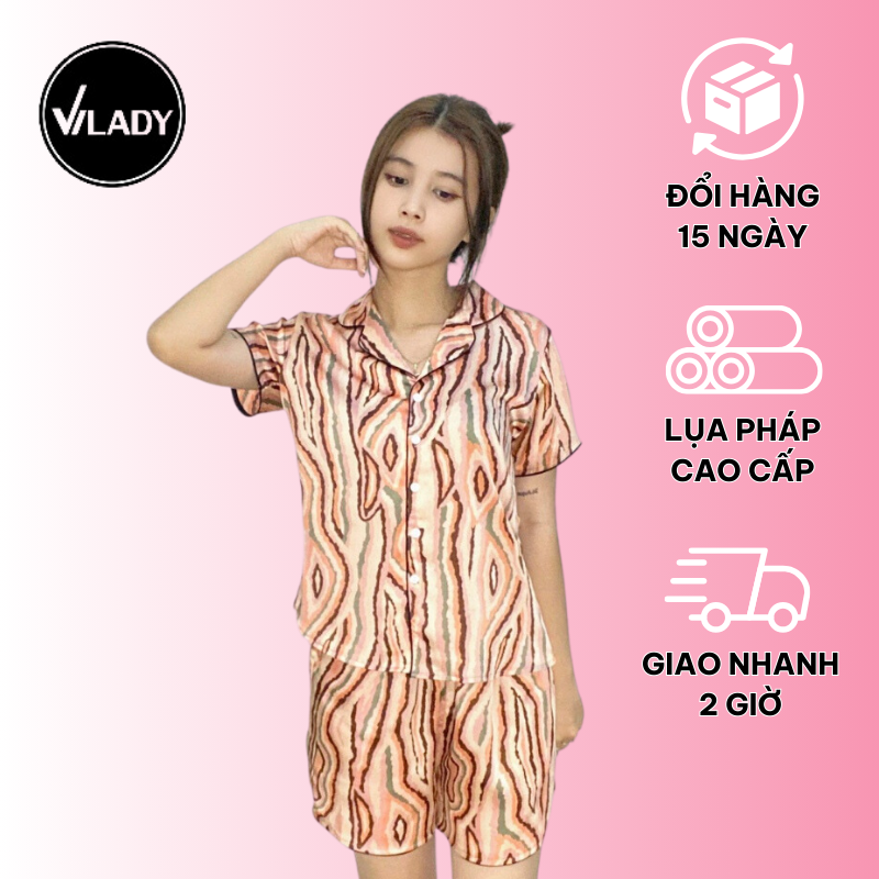 Đồ bộ Pyjama lụa, đồ mặc nhà nữ VILADY - B135 kiểu quần đùi tay cộc họa tiết vằn nâu siêu dễ thương, chất liệu lụa Pháp