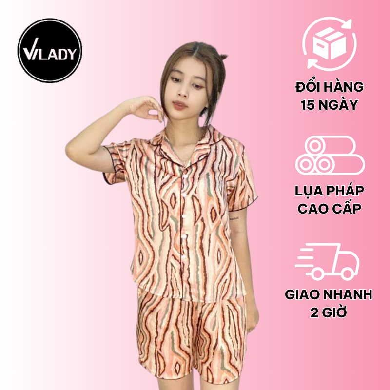  Đồ bộ Pyjama lụa, đồ mặc nhà nữ VILADY - B135 kiểu quần đùi tay cộc họa tiết vằn nâu siêu dễ thương, chất liệu lụa Pháp ( lụa latin)