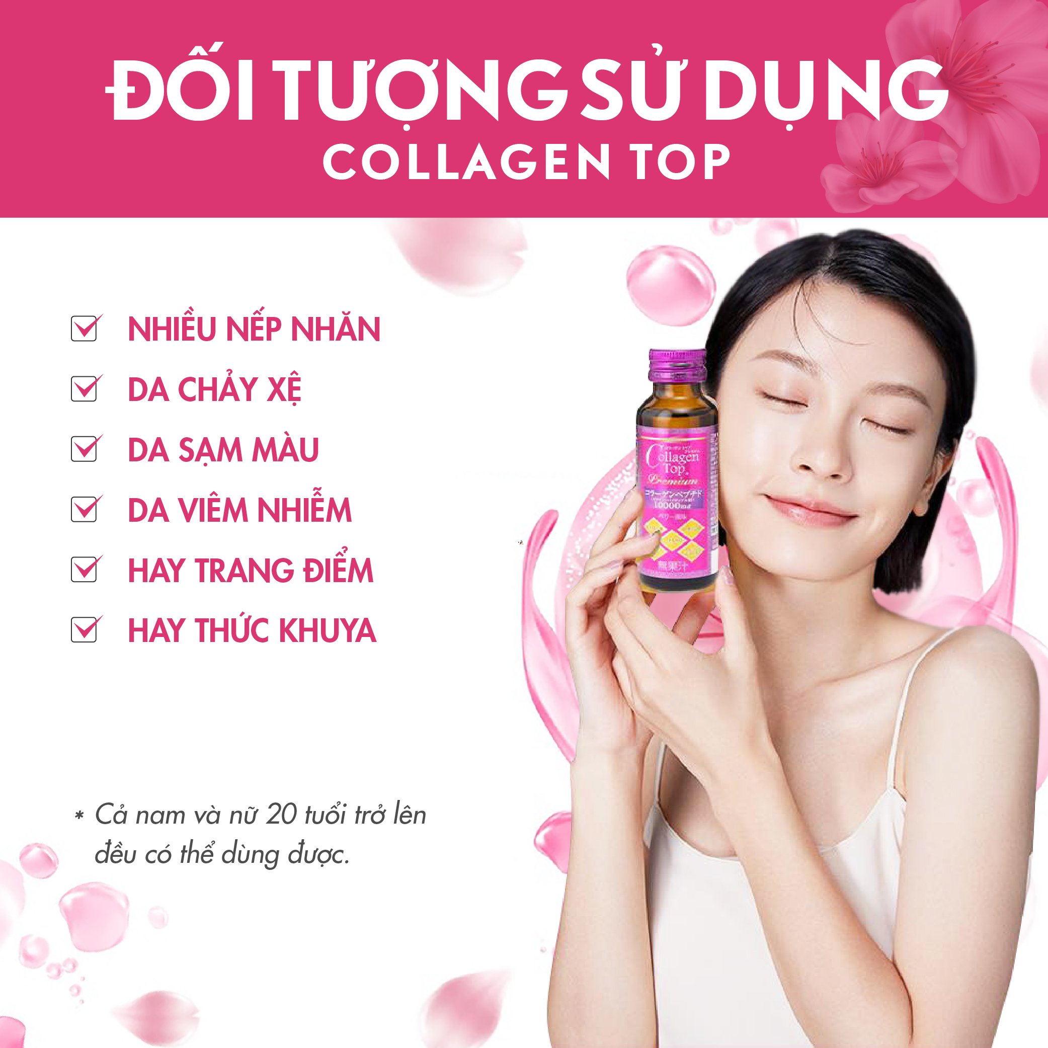 Collagen Top, Hyaluron Top, Placenta Top Nước uống bảo vệ sắc đẹp & sức khỏe (10 chai x 50ml) Nhật Bản