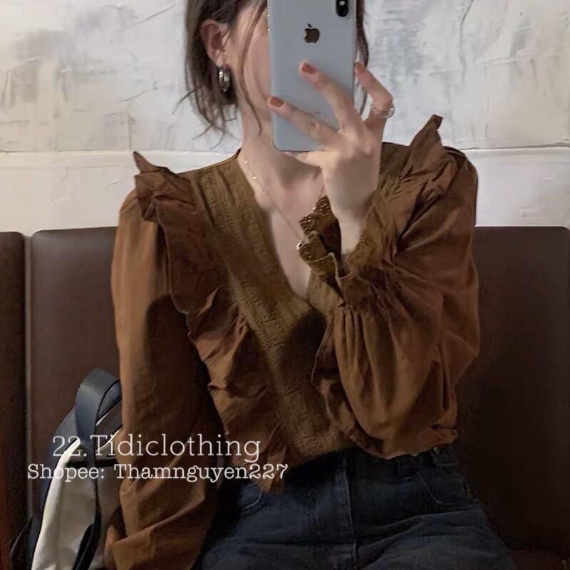 Áo sơ mi cổ V phối ren Hàn Quốc _ sơ mi ulzzang tay dài chất đẹp