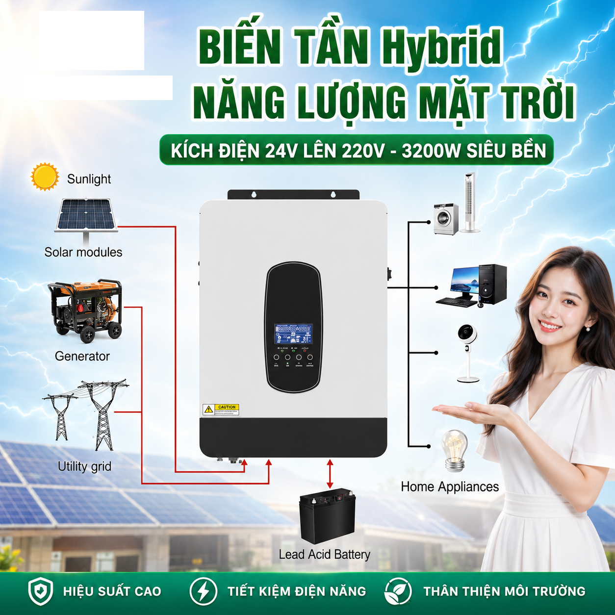 Bộ Biến Tần Hybrid Năng Lượng Mặt Trời 3200W DC24V AC230V Hiệu Suất Cao, đồng hồ treo tường