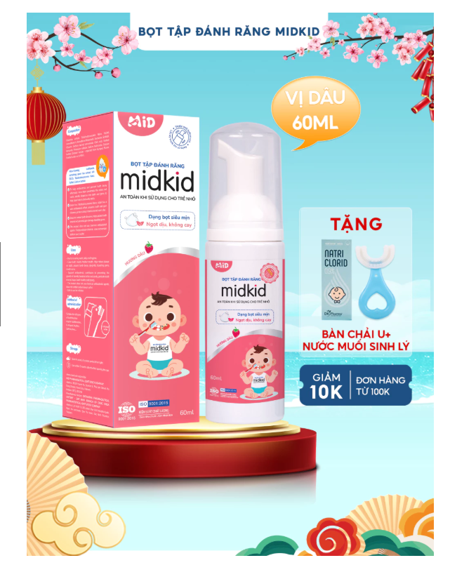 Bọt tập đánh răng Midkid vị Dâu 60ml cho bé từ 1 tuổi, dạng hữu cơ, bọt mịn tan nhanh, nuốt an toàn