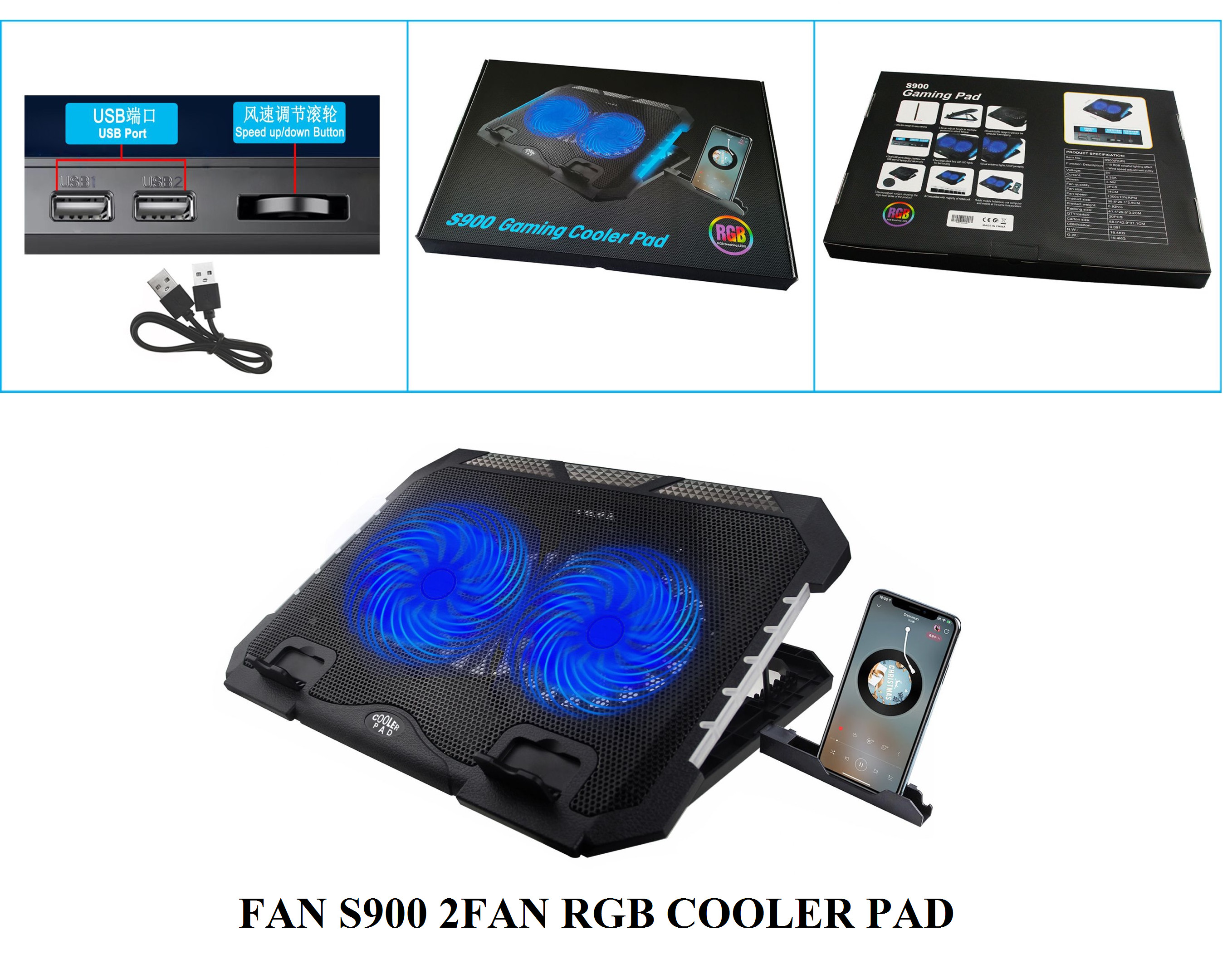 ĐẾ TẢN NHIỆT LAPTOP S900 2 FAN RGB - JL