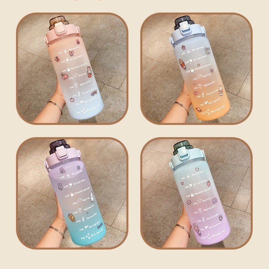 Bình Nước 2 Lít Có Vạch Kẻ Chia ML Cho Mỗi Ngày Kèm Ống Hút Tiện Lợi tặng sticker cute