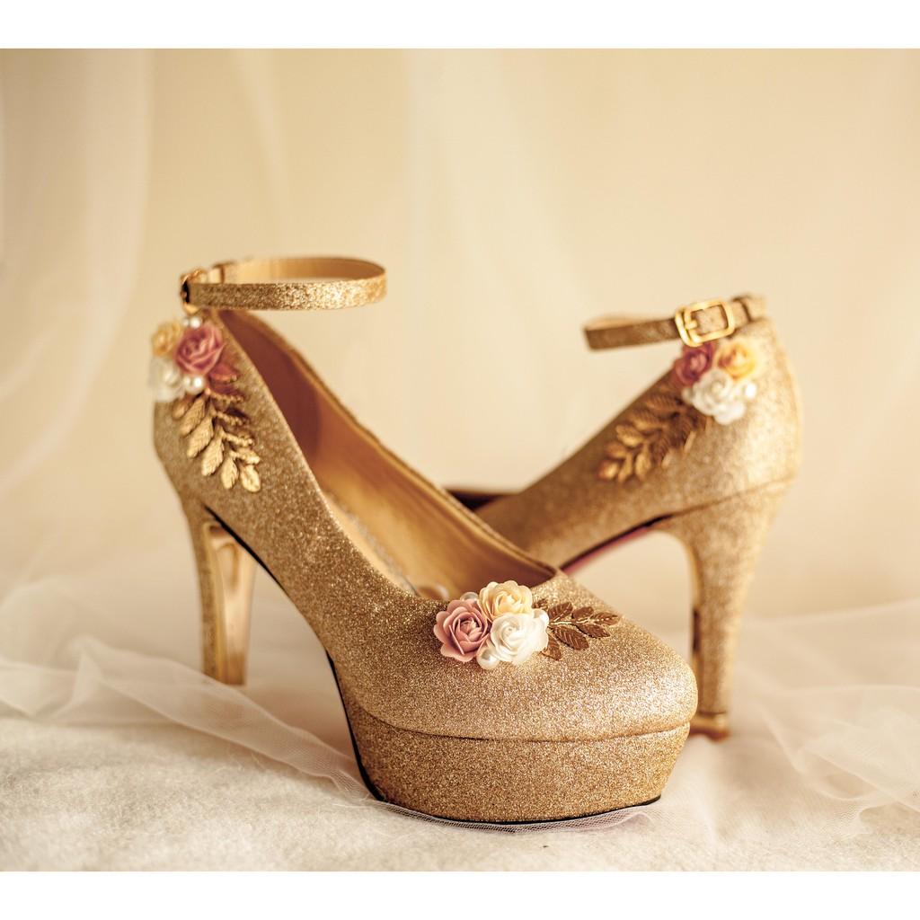 GIÀY CƯỚI - GIÀY CÔ DÂU H74 3 HOA LÁ VÀNG - WEDDING SHOES