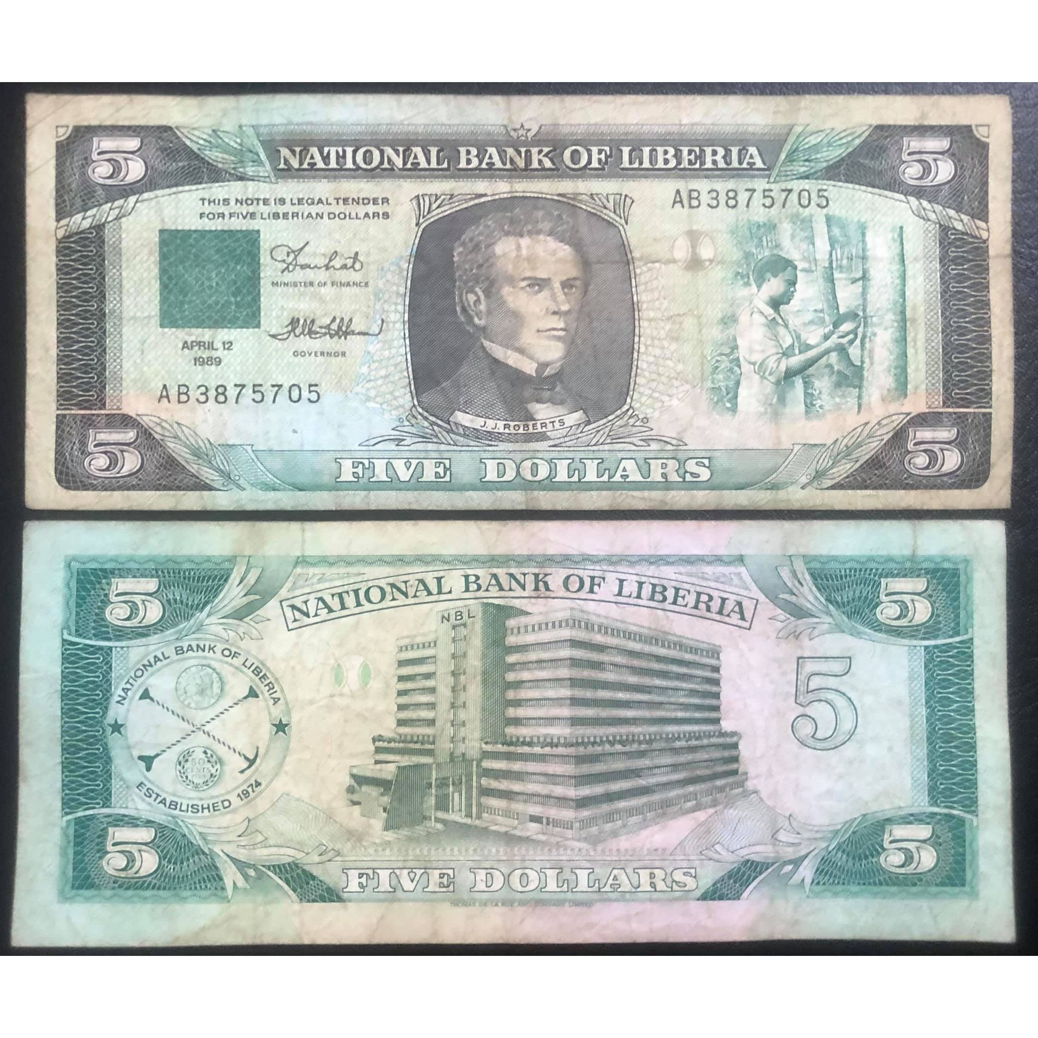 Tiền cổ Liberia 5 dollars 1989 sưu tầm