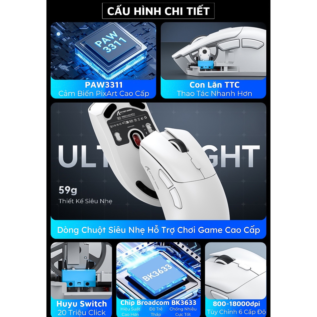 Chuột Không Dây Bluetooth Chip PAW3311 Vinetteam Attack Shark R1 18000DPI 3 Mode Có App Chỉnh Macro Pin Sạc - hàng chính hãng