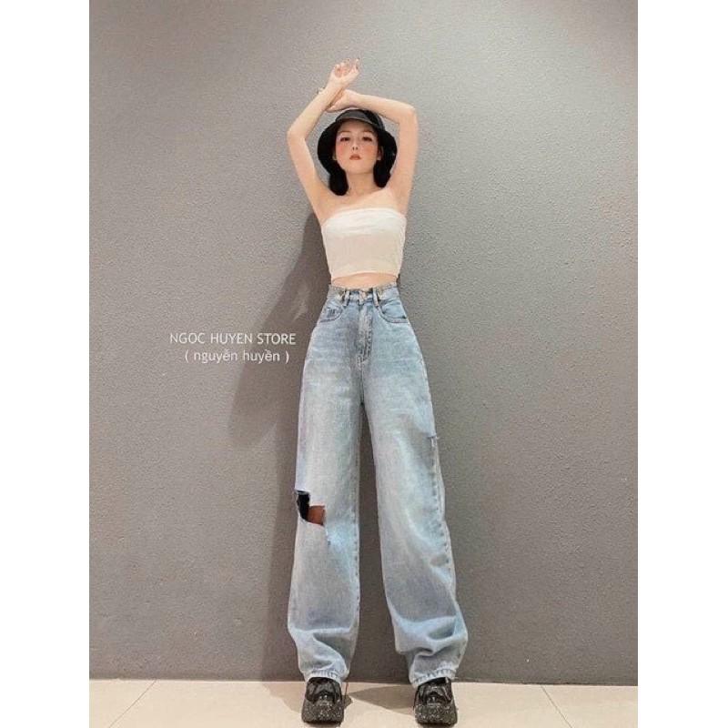 Quần baggy jeans rách gối ongs rộng lưng cao