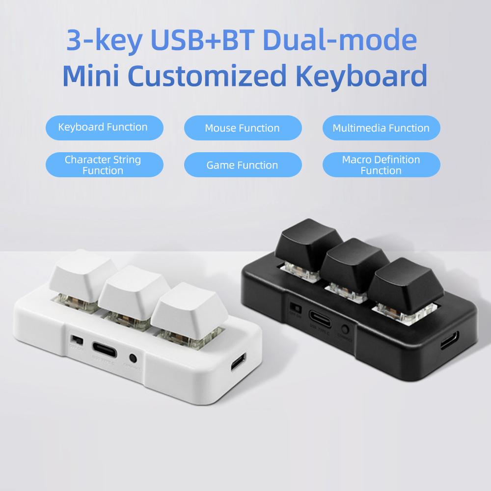 MK321BT 3-key Mini Customized Keyboard with Mechanical Blue Switch USB+BT Dual-mode Connection for Office Game Multimedia White