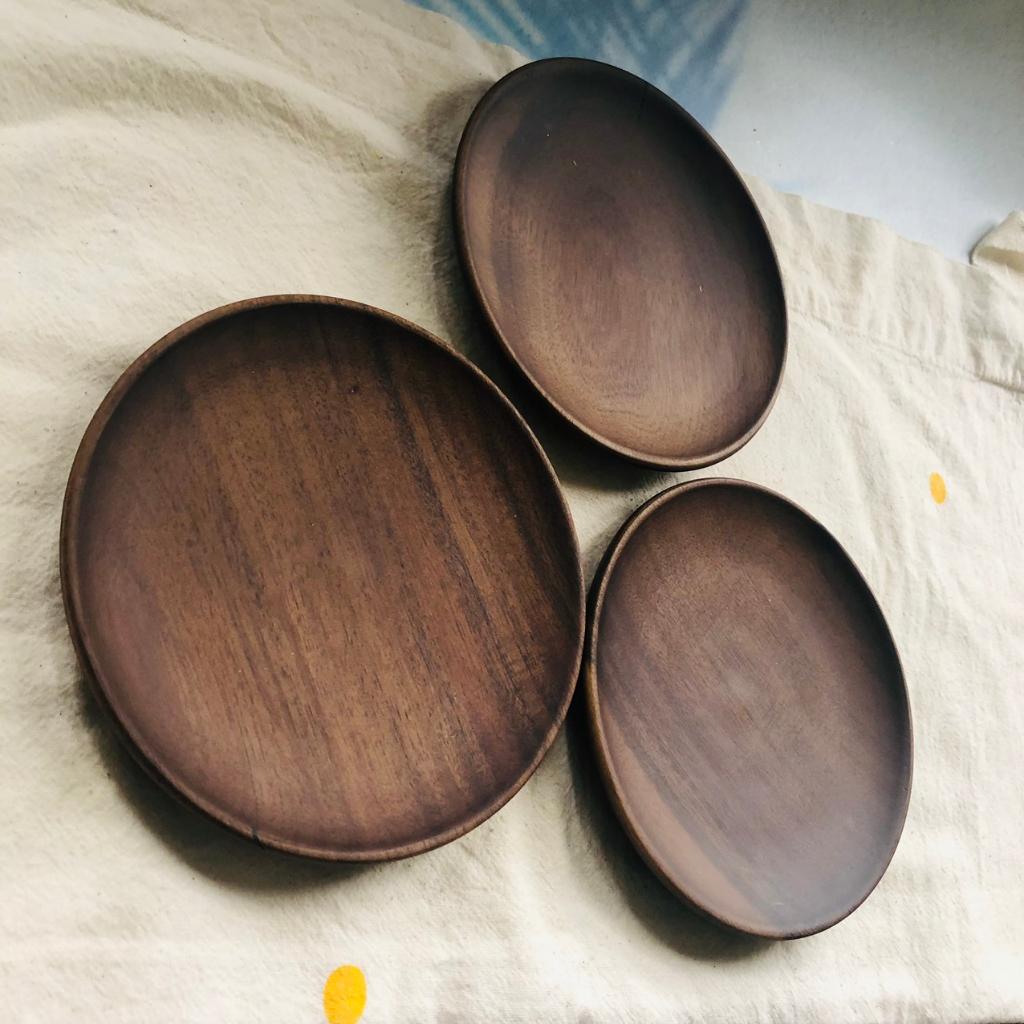 Đĩa/Chén Gỗ Keo Nâu Đen 14cm, Đĩa Đựng Trái Cây, Bánh Trái An Toàn Tiện Lợi, Chụp Ảnh Decor