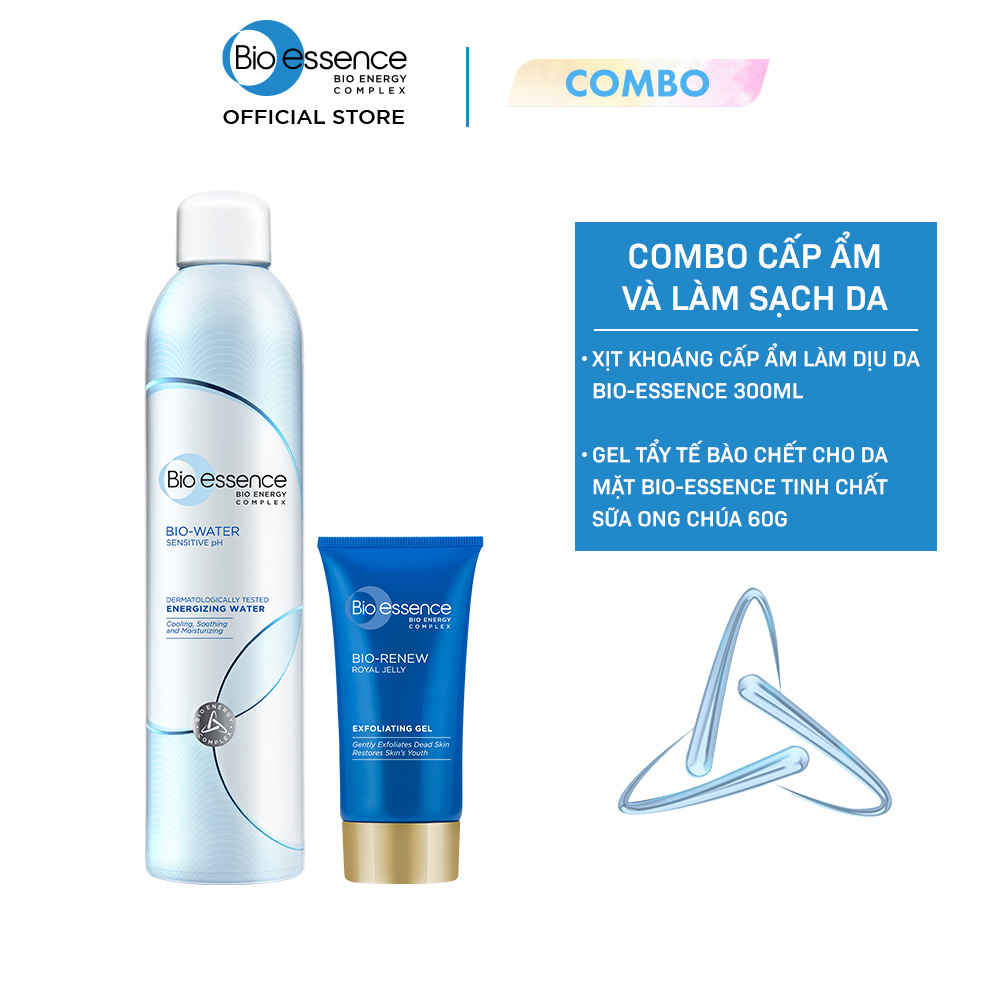 Combo Xịt khoáng cấp ẩm Bio-essence 300ml &amp; Gel tẩy tế bào chết cho da mặt Bio-essence tinh chất sữa ong chúa 60g