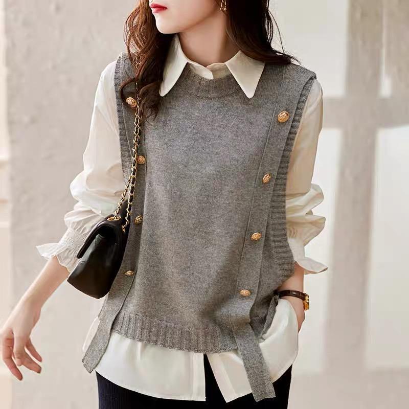 MS837 Áo gile len nữ cúc sườn cổ tròn Hàn Quốc