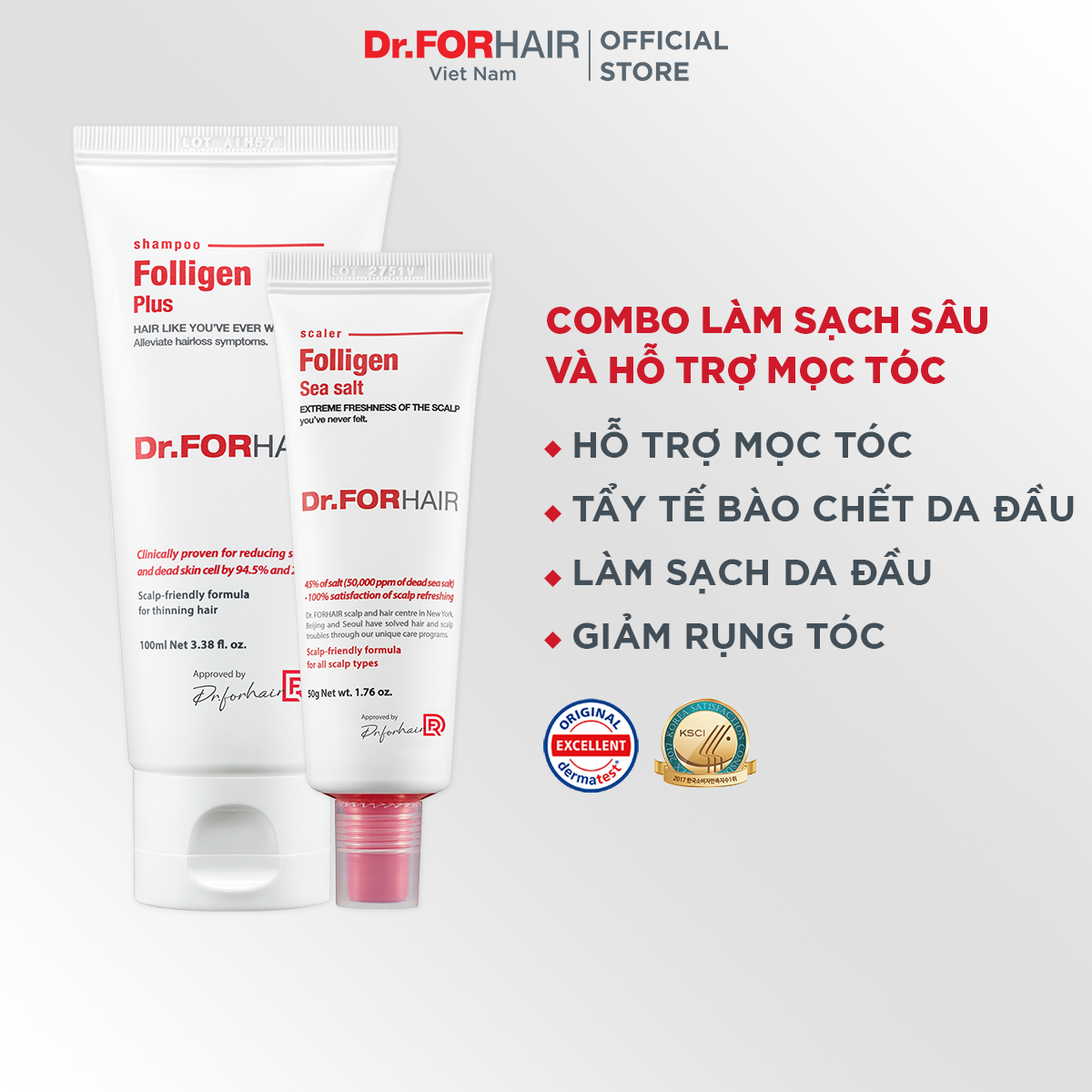 Bộ dầu gội đầu giảm rụng tóc giảm gàu sạch da đầu của Dr.FORHAIR Folligen Plus 100ml và Sea Salt Scaler 50g