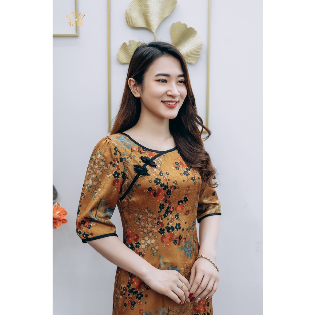 Body thời trang trung niên TTV Store thiết kế Sườn xám cổ tròn tay lỡ Vàng hoa TTV1221 sang trọng