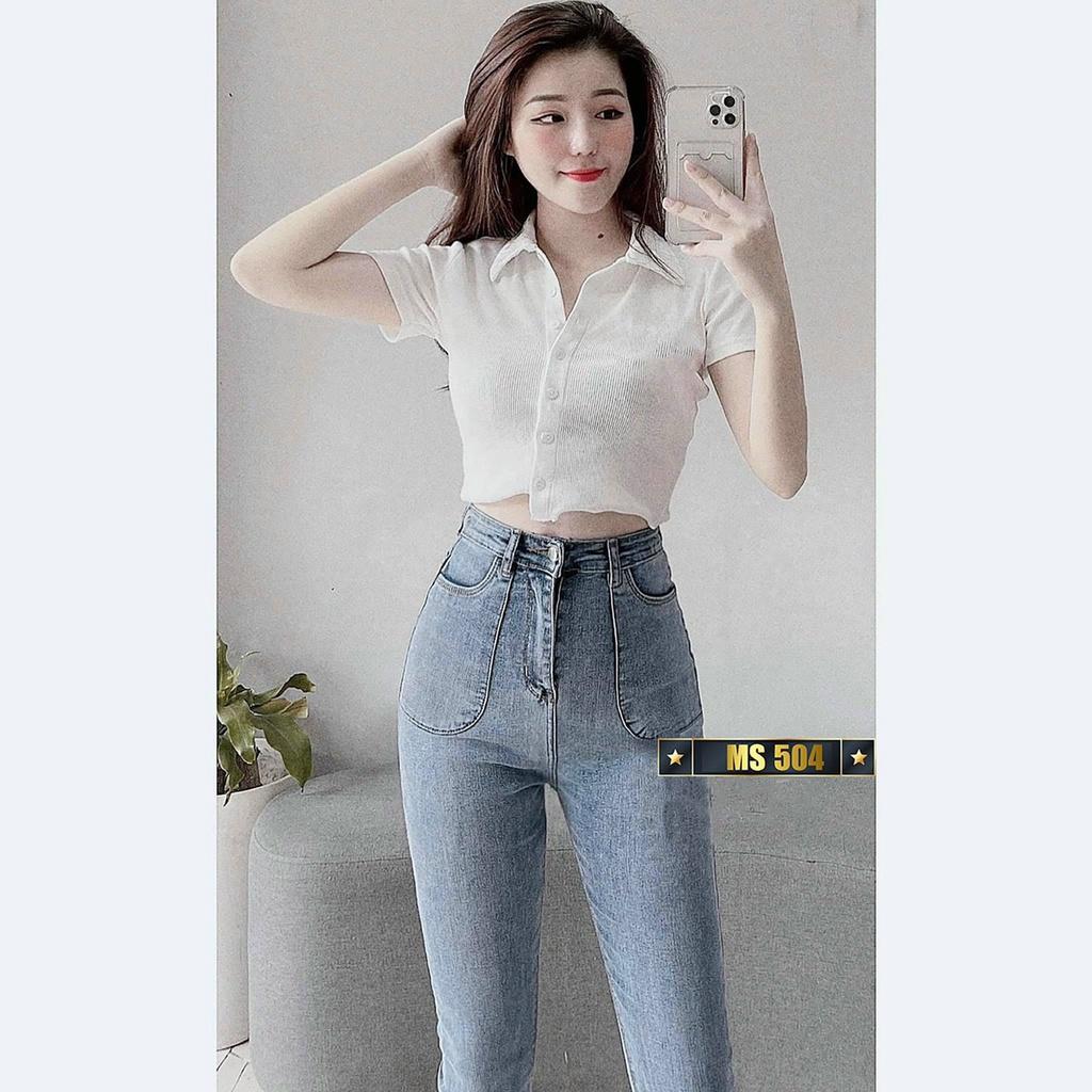 Quần jean nữ xanh trơn lưng cao 3 cúc cao cấp -chất denim co dãn tốt - quần chuẫn shop BEN Shop0807 HN12