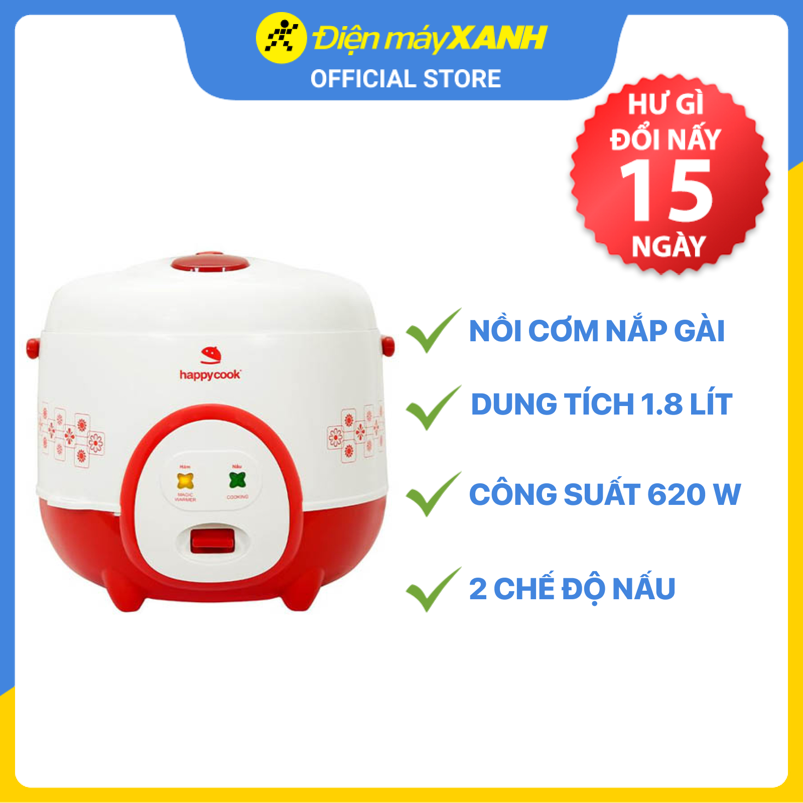 Nồi Cơm Điện HappyCook HC-180A - Đỏ - Hàng chính hãng