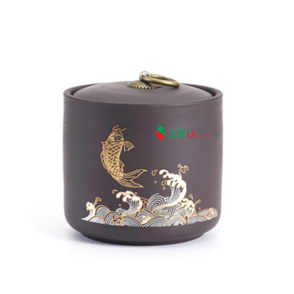 Hũ, Bình đựng trà tử sa hoa văn con cá con hươu