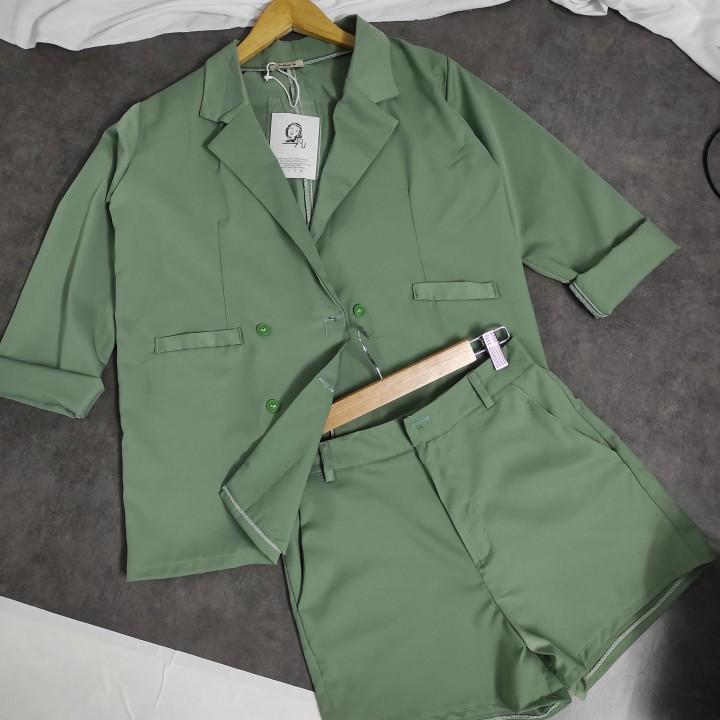 Bộ vest nữ màu xanh ,Vest nữ hàn quốc cao cấp, vest nữ công sở 2 món y hình