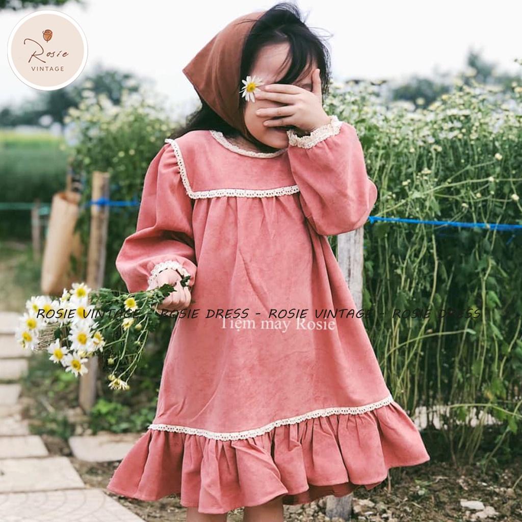 Váy nhung viền ren ROSIE V04 chất nhung mịn mềm cho bé gái từ 7-36kg