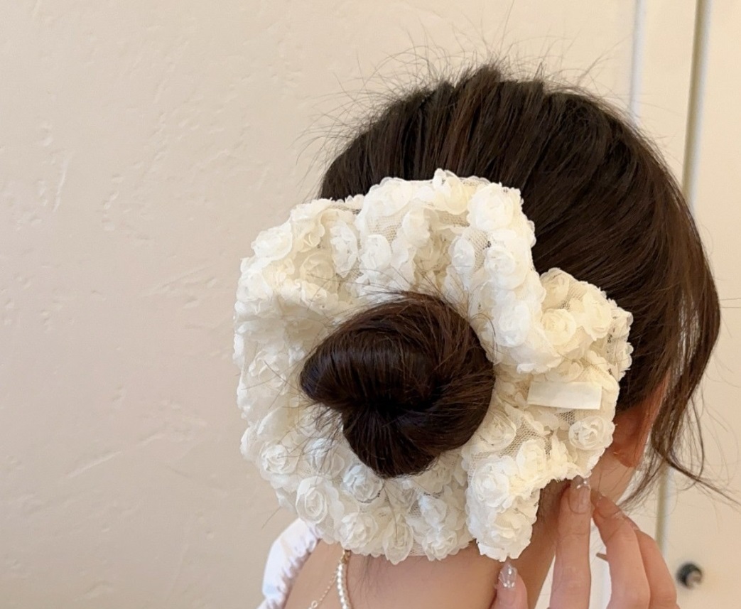 Dây cột tóc voan lưới hoa hồng xinh đẹp, scrunchies phong cách Hàn Quốc
