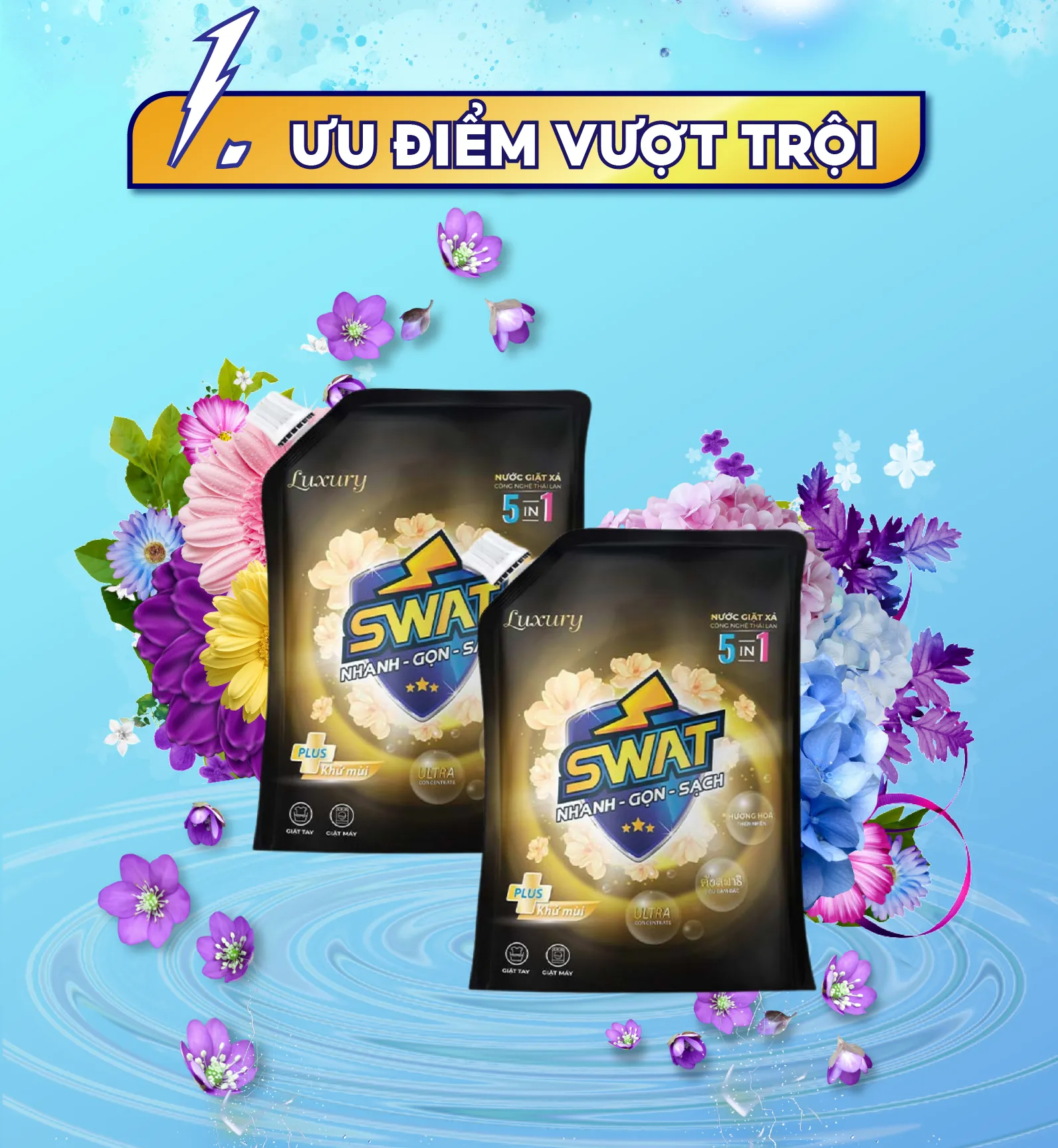 Combo 3 túi Nước Giặt Xả 5 in 1 SWAT hương Luxury túi 2.2kg - Tiện dụng, giúp diệt khuẩn lưu hương lâu