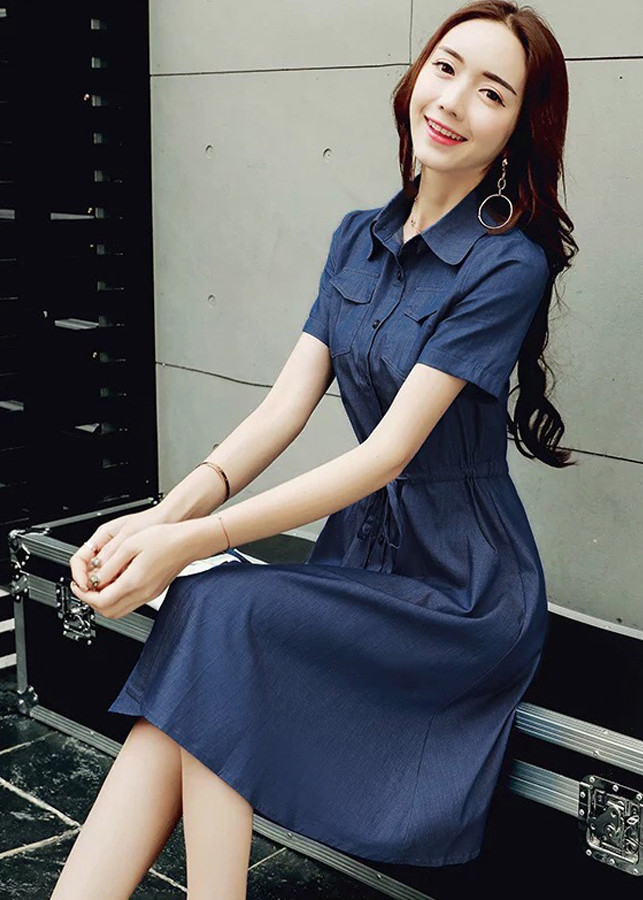 Đầm xoè denim eo rút dây