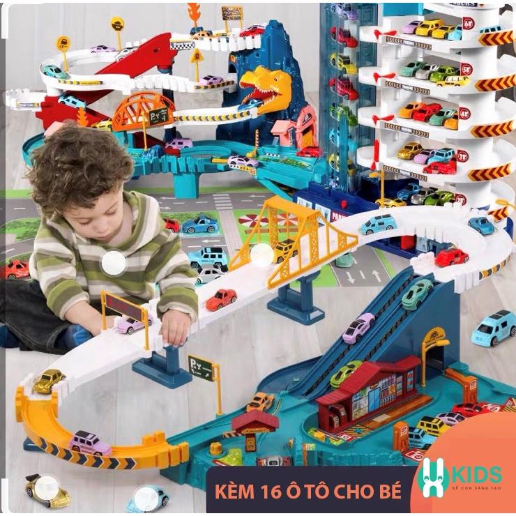 Bộ đồ chơi đường đua khủng long siêu tốc kết hợp garage đỗ xe ô tô 5 tầng kích thước lớn cho bé