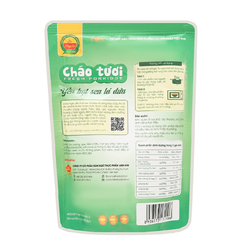 Cháo tươi yến hạt sen lá dứa Cây Thị gói 260g