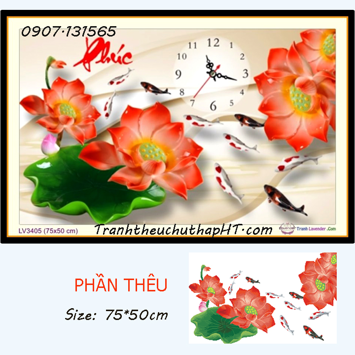 Tranh đính đá - Tranh thêu chữ thập Phúc hoa sen - size 75*50
