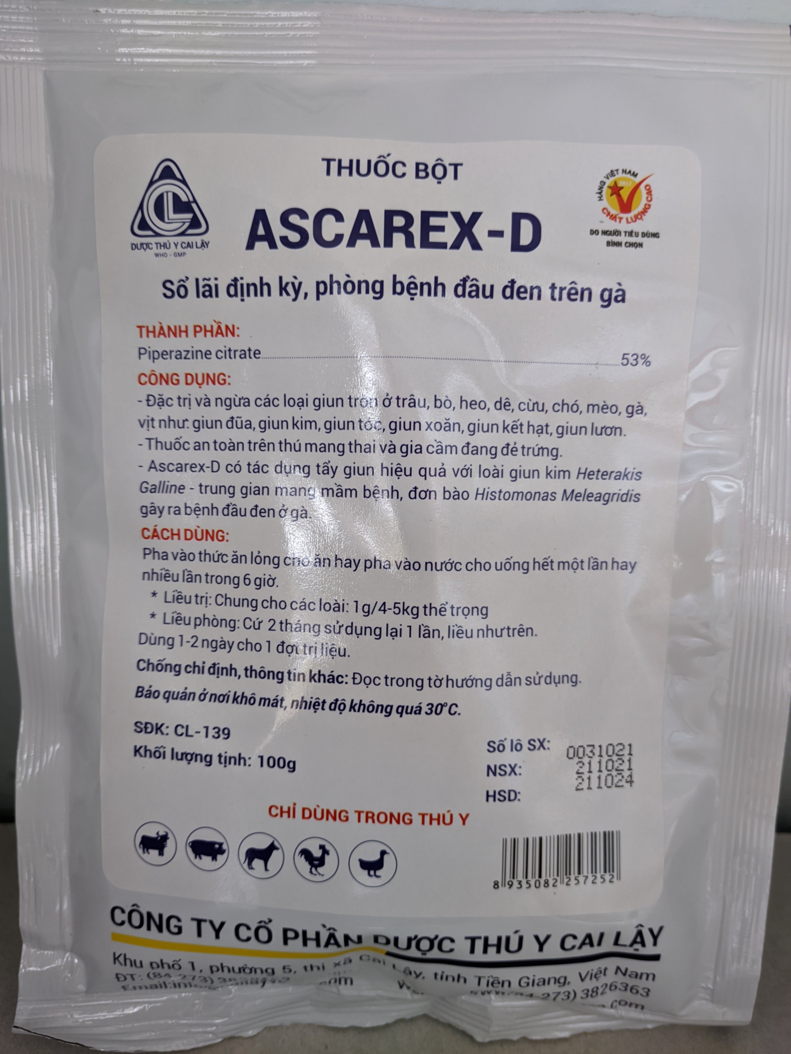 Thuốc bột ASCAREX-D sổ lãi định kì phòng bệnh đầu đen trên gà