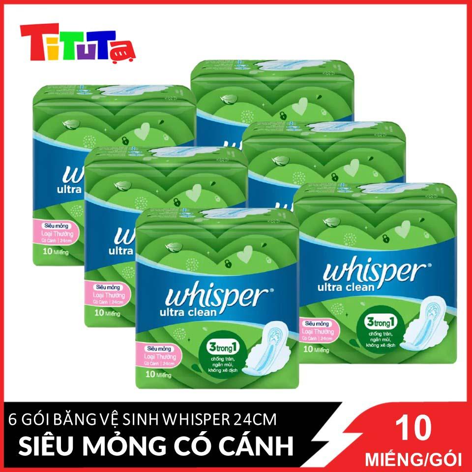 Combo 6 Băng Vệ Sinh Whisper Ultra Clean Siêu Mỏng Có Cánh Ngày Vừa 24cm (Gói 10 Miếng)