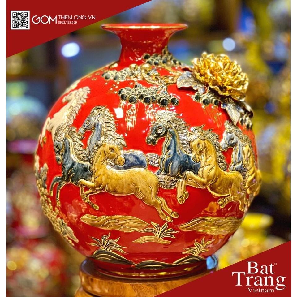 Bình Hút Lộc Mã Đáo Thành Công Màu Đỏ - Vẽ Vàng Đắp Nổi Hàng Kỹ - Bình Hút Tài Lộc Bát Tràng - Gốm Thiên Long