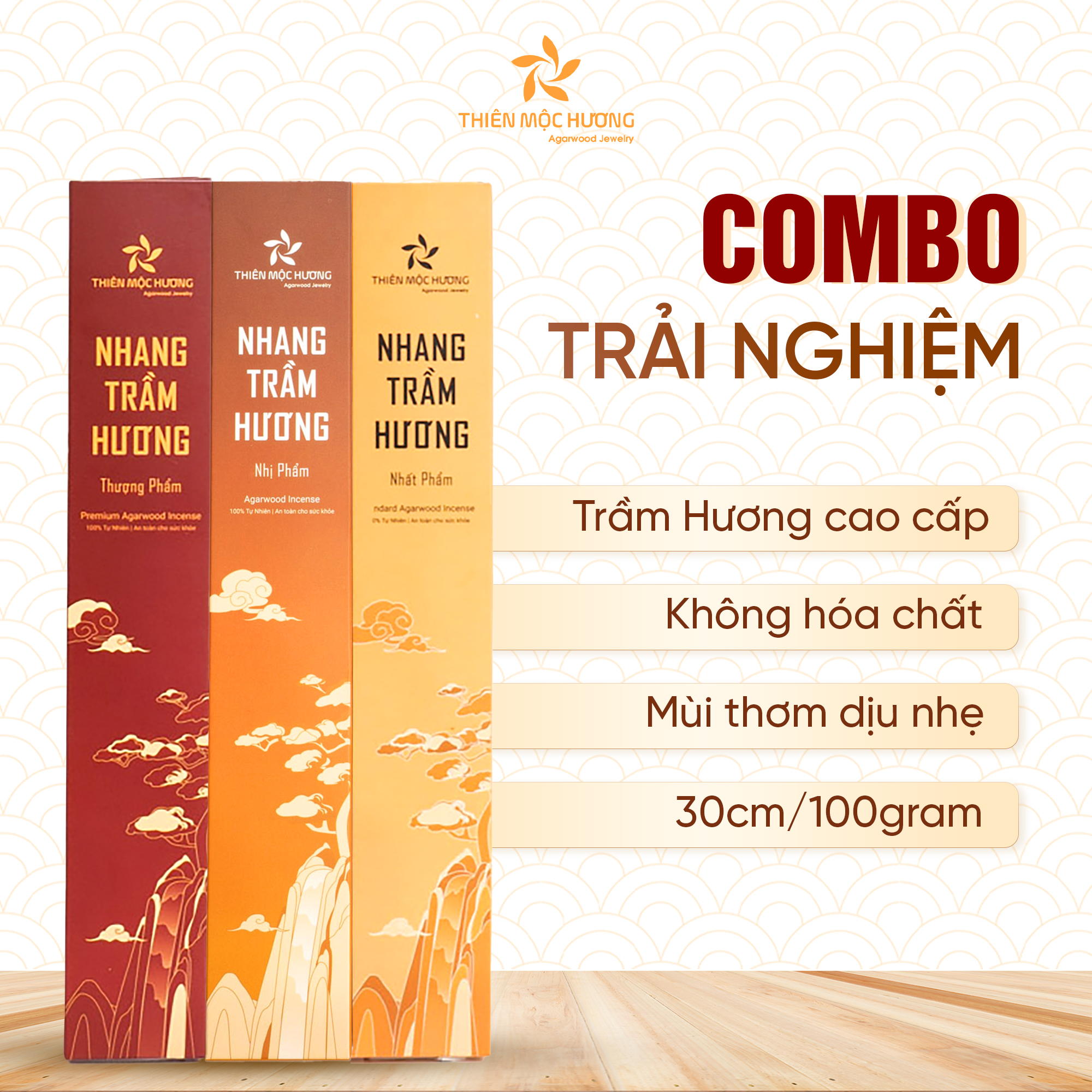 Combo trải nghiệm nhang trầm hương cao cấp Thiên Mộc Hương không hóa chất, an toàn sức khỏe, thơm dịu nhẹ