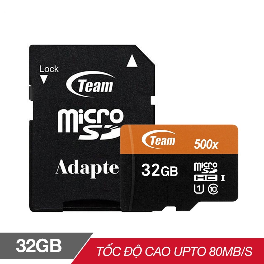 Thẻ Nhớ 32GB Micro SDHC Team  500x Class 10 U1-80MB/s (Đen Cam)  kèm adapter - Hàng Chính Hãng