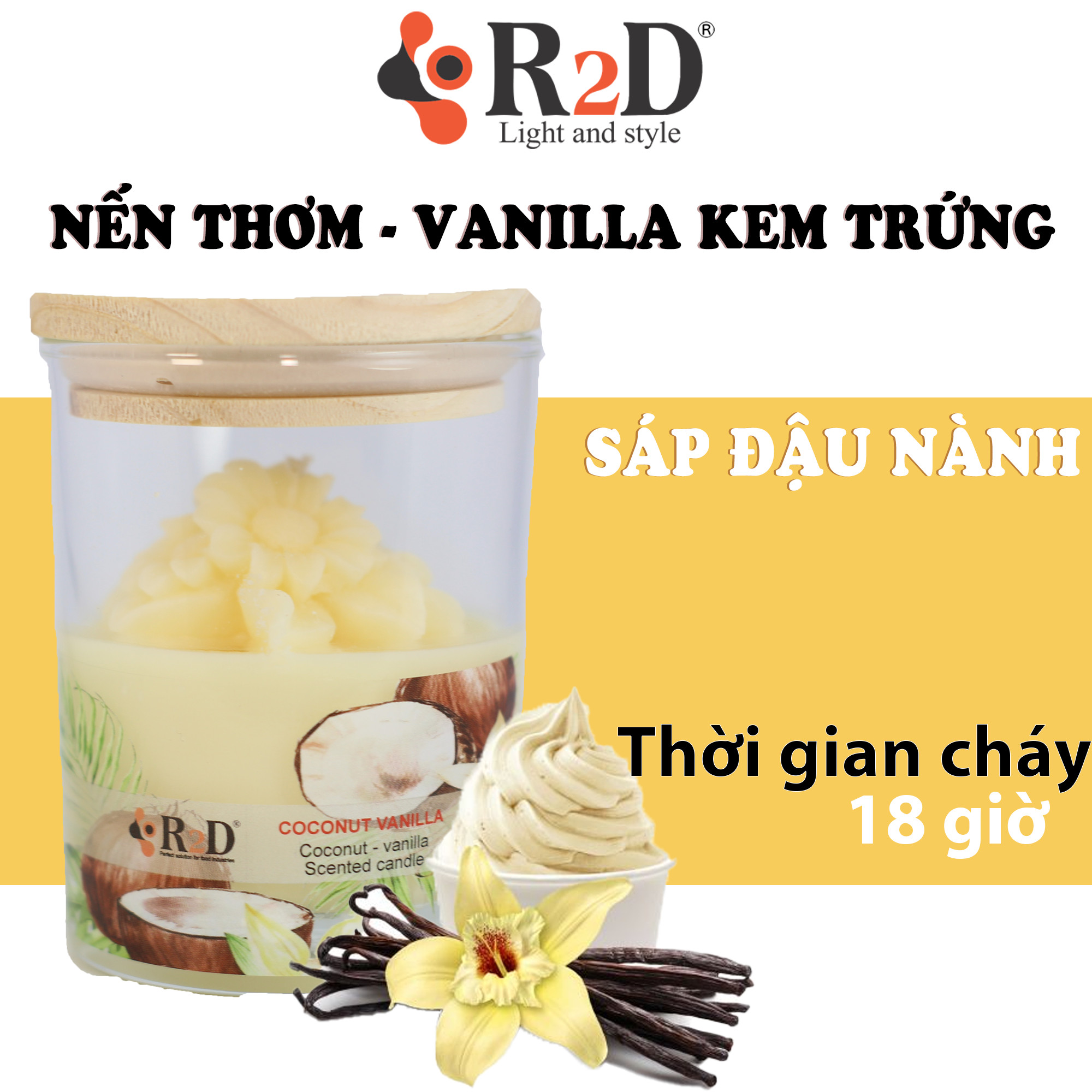 Nến Thơm Tinh Dầu COCONUT-VANILLA, Nến Thư Giãn, Nến Thơm Phòng, Chính Hãng Từ Thương Hiệu R2D, Hộp 1 Ly 250g