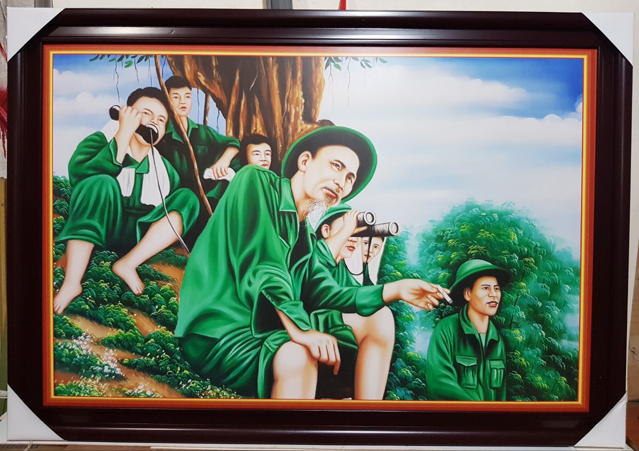 Tranh in dầu Chủ tịch Hồ Chí Minh thăm mặt trận Đông Khê năm 1950