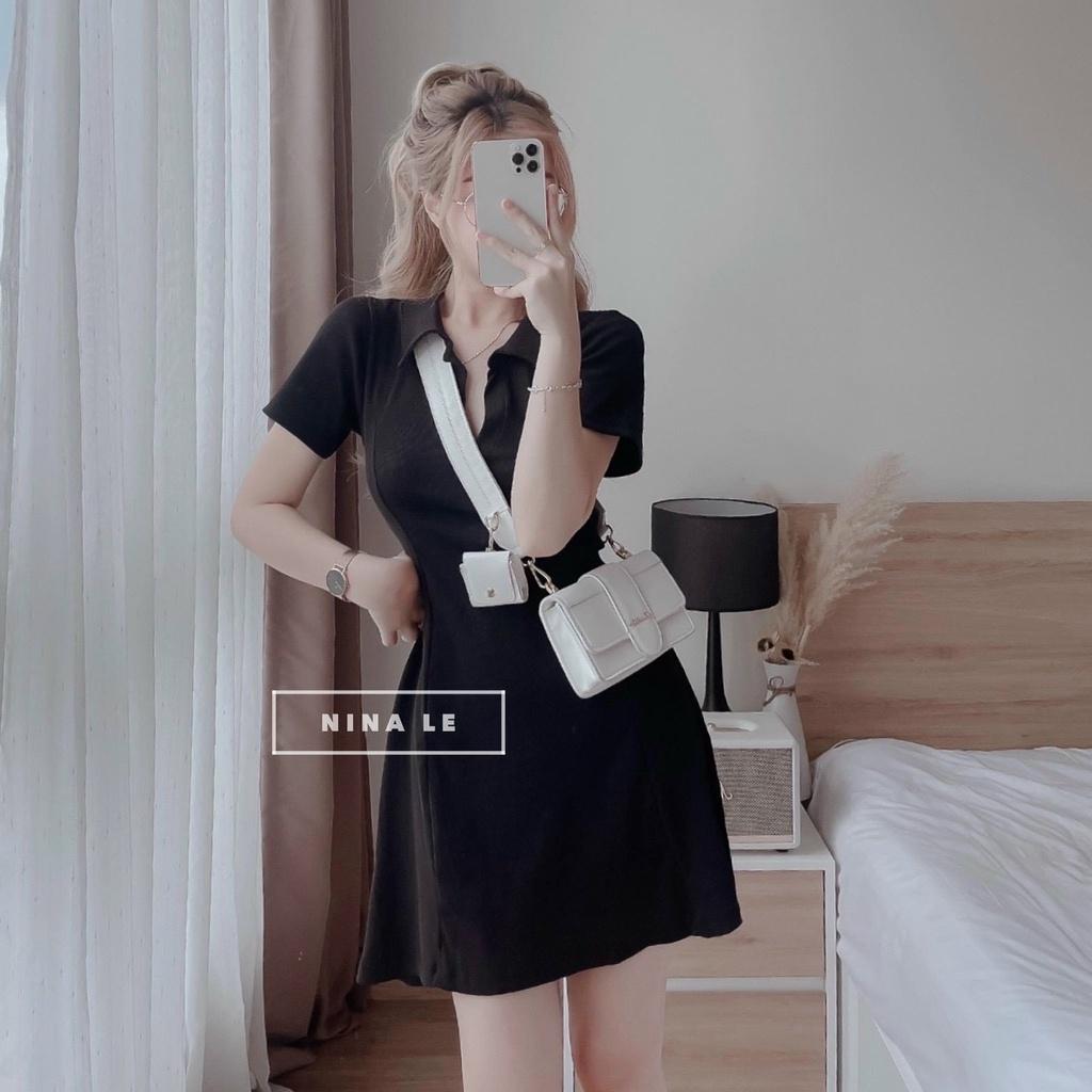 Váy đầm polo nữ chất liệu thun gân màu đen sang chảnh phong cách basic đơn giản thời trang nữ XM Minh Phúc