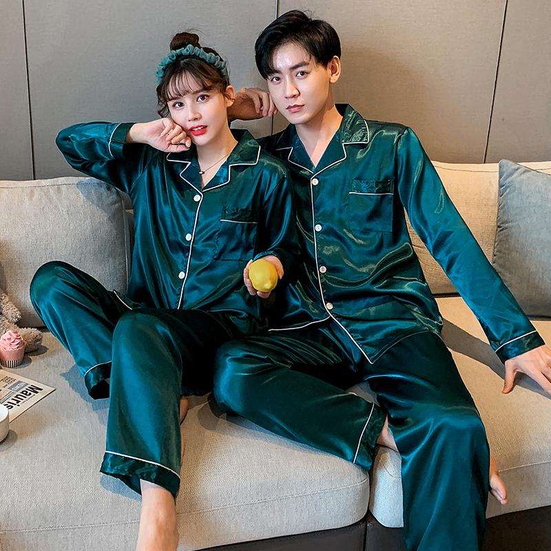 Đồng Màu Đồ Ngủ Lụa Satin Bộ Đồ Ngủ Cặp Đôi Bộ Dài Cài Nút Pyjamas Phù Hợp Với Bộ Pijama Nữ Nam Loungewear