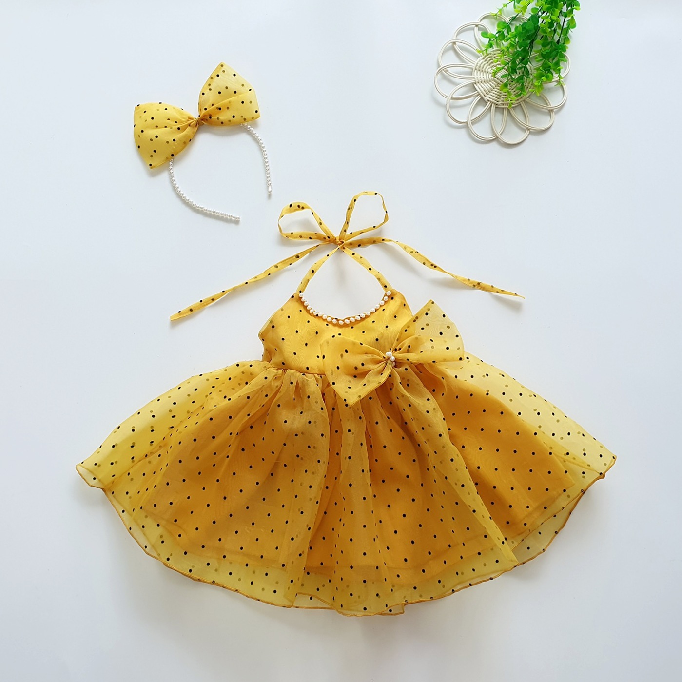 Váy Yếm Chấm Bi Vàng Công Chúa 4 - 18kg Chất Tơ Kính Lót Lụa Habutai [V083