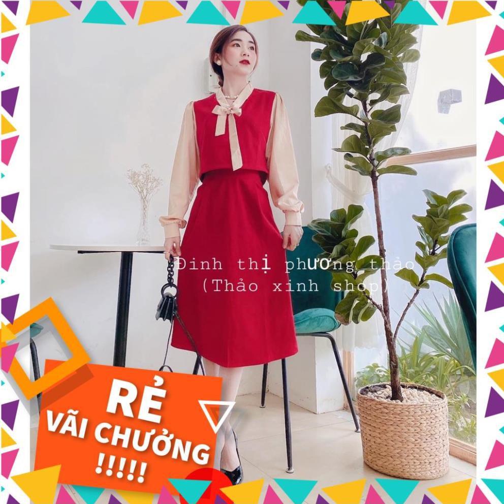 Set Chân Váy Đỏ Mix Áo Nơ Combo Áo Đỏ Phối Nơ Vàng Mix Chân Váy