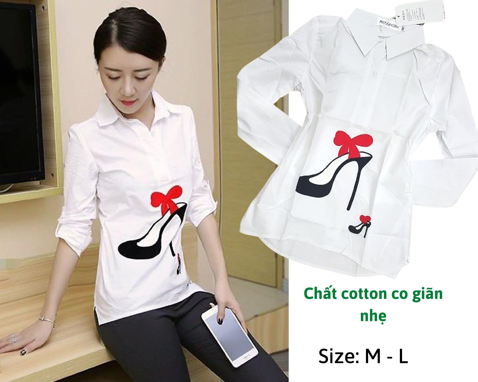 Áo Sơ Mi Nữ Thêu Hình chất vải Cotton mềm mịn và co giãn nhẹ,vải vừa ko dầy, ko mỏng,kết hợp hình guốc thêu tinh tế và sang trọng.   Áo có thể kết hợp với Quần Âu,Quần Jean,hoặc Chân Váy đều đẹp nhé