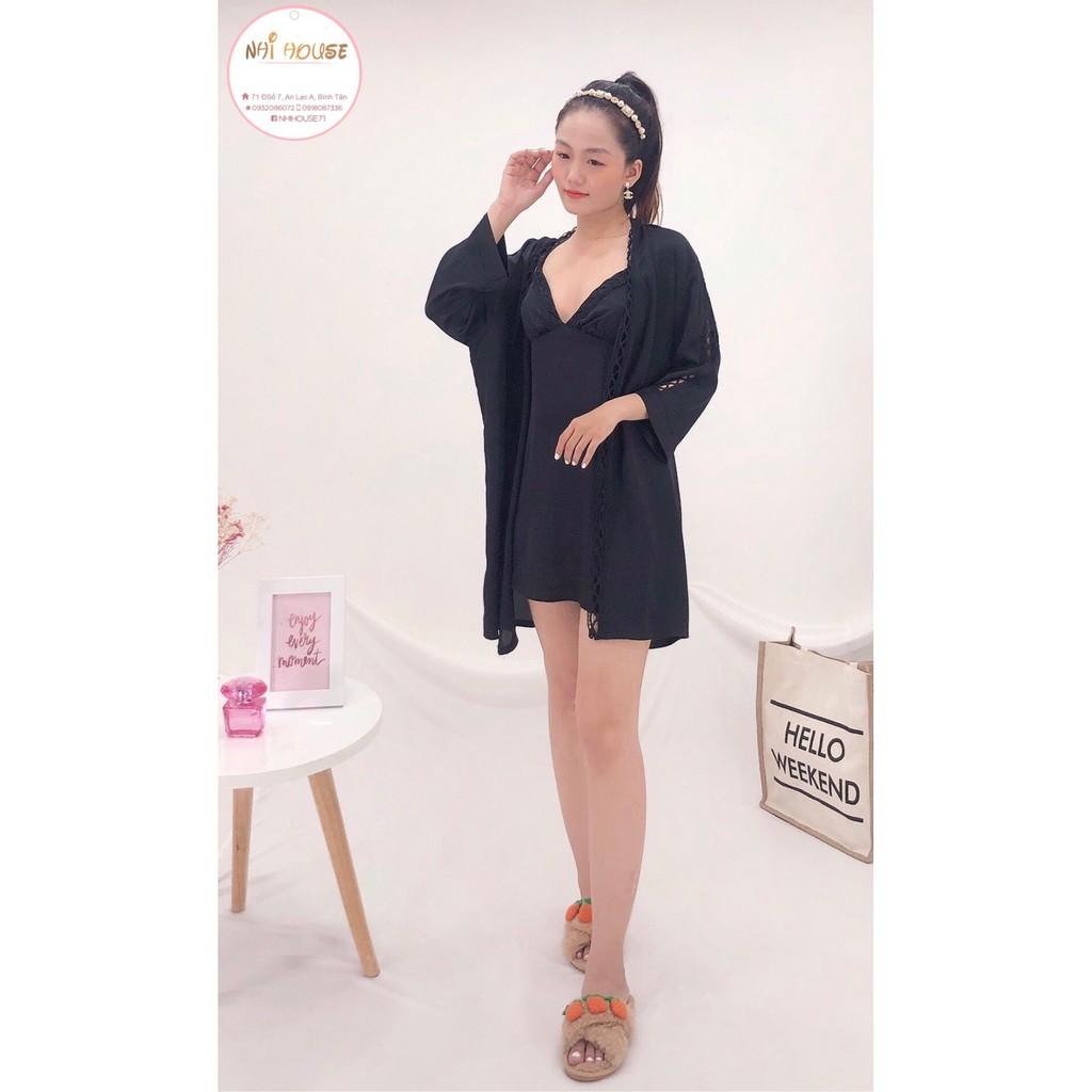 BỘ KIỂU ĐẦM NGỦ KHOÁC ÁO NHIHOUSE71 ĐẦM 2 DÂY ÁO KHOÁC DÀI TAY PHỐI REN KIỂU QUÝ PHÁI FREESIZE DƯỚI 55KG