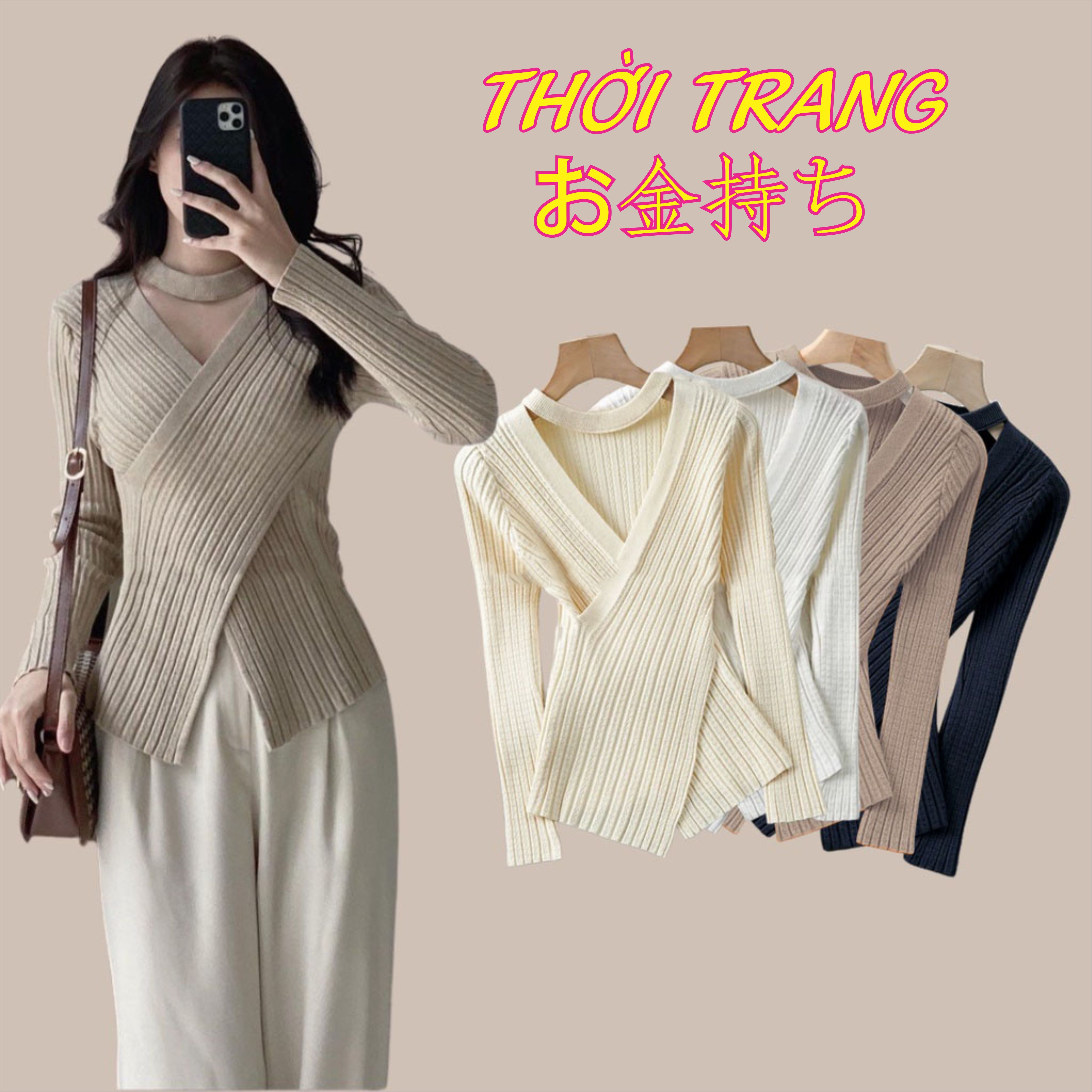 Áo len nữ vạt chéo dây cổ choker ôm dáng siêu đẹp 3432