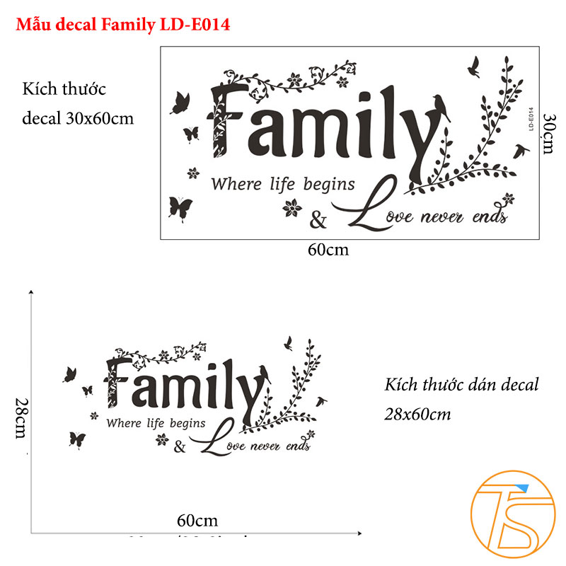 Decal trang trí dán tường mẫu chữ Family khổ 30x60cm