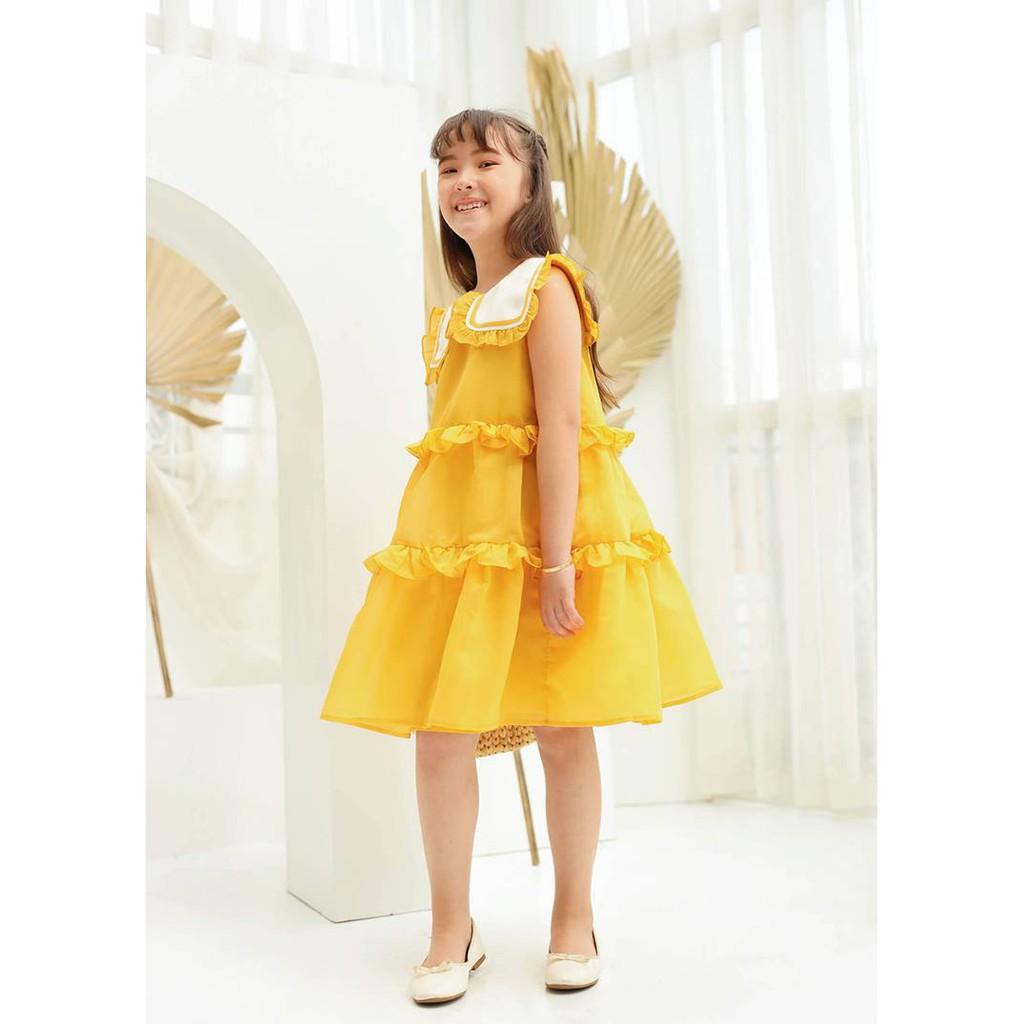 Váy đầm bé gái BYZU, chất vải xốp màu vàng tươi, thiết kế 3 tầng sành điệu (Daisy Dress)