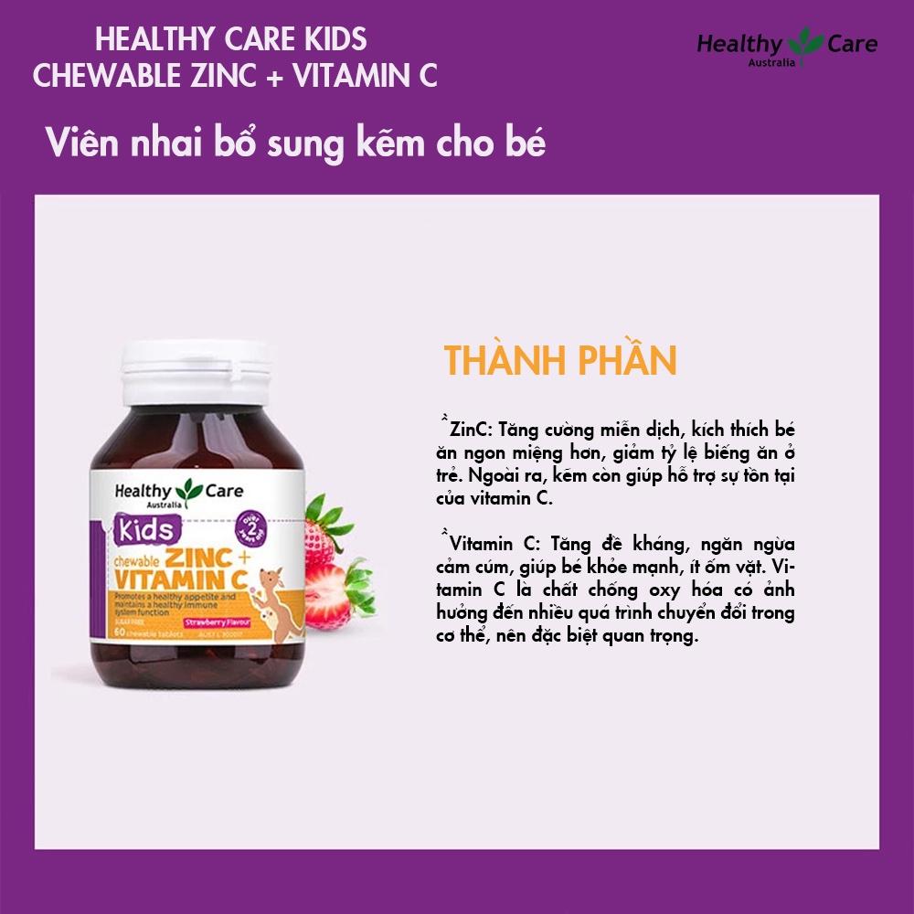 Viên nhai bổ sung kẽm và vitamin C Healthy Care Kids Chewable 60 viên vị dâu